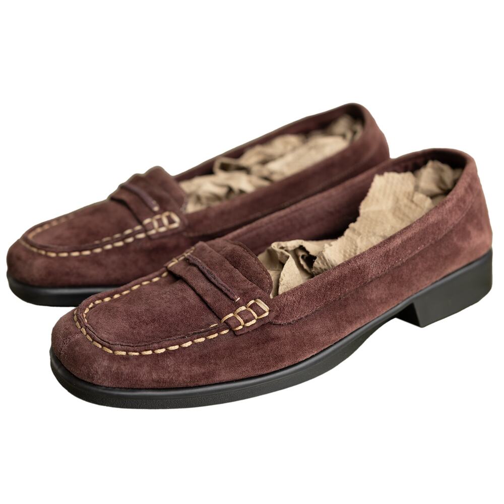 A2 by Aerosoles Brown/Burgondy "Seam Two" Suede Classic Penny Loafers - 7.5B
